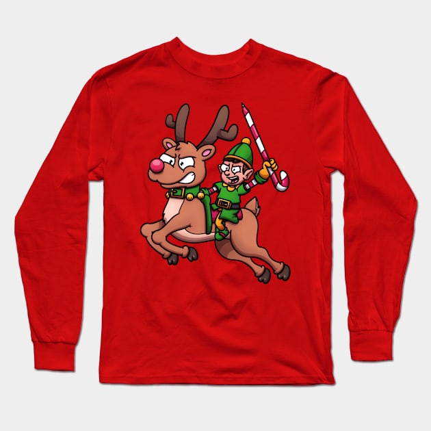 Christmas Elf Riding Flying Reindeer Long Sleeve T-Shirt by TheMaskedTooner